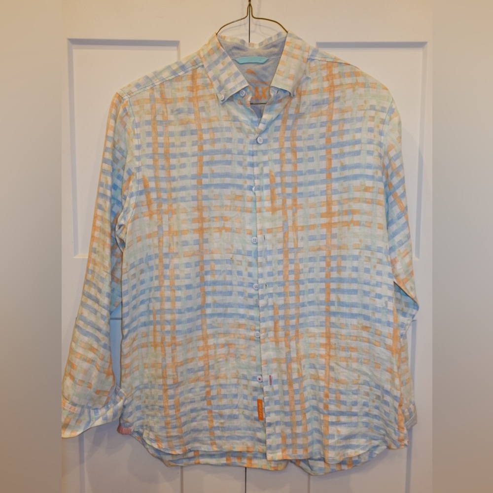 Tommy Bahama Blue and Orange Plaid Shirt